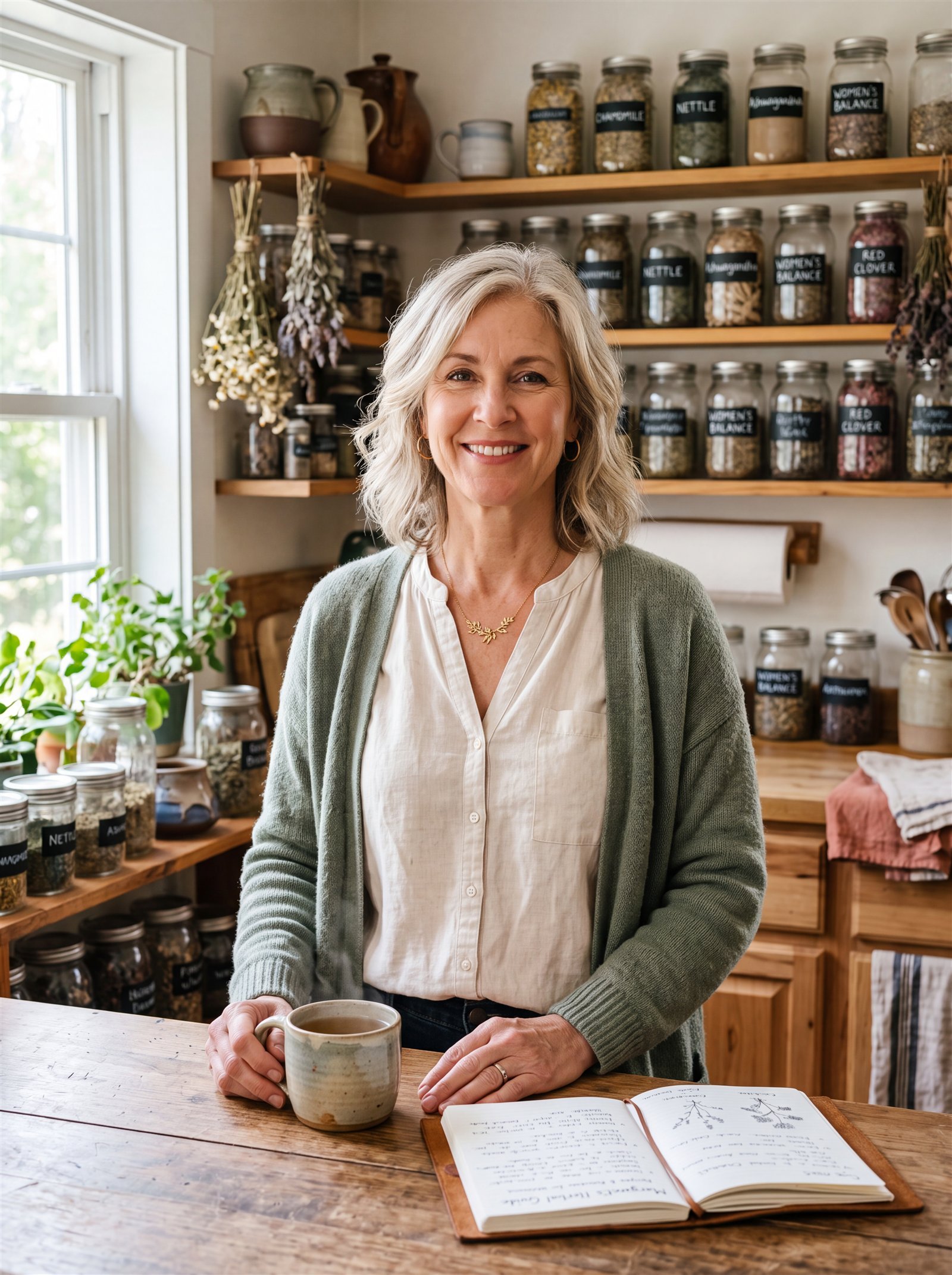 Margaret Ellis, herbal wellness mentor, in her tea and herbs kitchen
